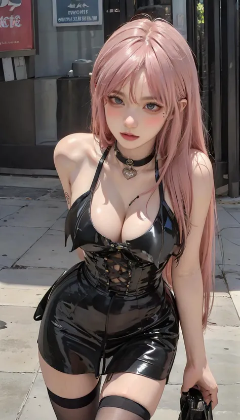 best quality,(photorealistic:1.4),(ultra detailed:1.3),(painful expression:1.4),(:1.3),(pastel color:1.3),masterpiece,(large breasts:1.3),(pink hair:1.3),(long hair:1.3),(tattoo:1.3),pantyhose,black dress,(city:1.2),unity 8k wallpaper,(outdoors:1.3),patent leather dress,1girl,<lora:patent leather dress_20230726011158-000008:0.7:CLOTHING>,