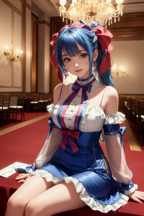 (masterpiece:1.2, best quality:1.2), (pale skin), (((((ribbons, bows, frills, jewelry))))), ((dress)), hair ribbon, ((blue hair)), side ponytail, perfect lighting, daytime, long hair, looking at viewer, detailed, smile, 1girl, wide sleeves, black choker, solo, (((sitting))), breasts, closed mouth, chair, (((ballroom, chandelier, banquet hall, banquet))), ((cowboy shot)), <lora:more_details:0.45>,