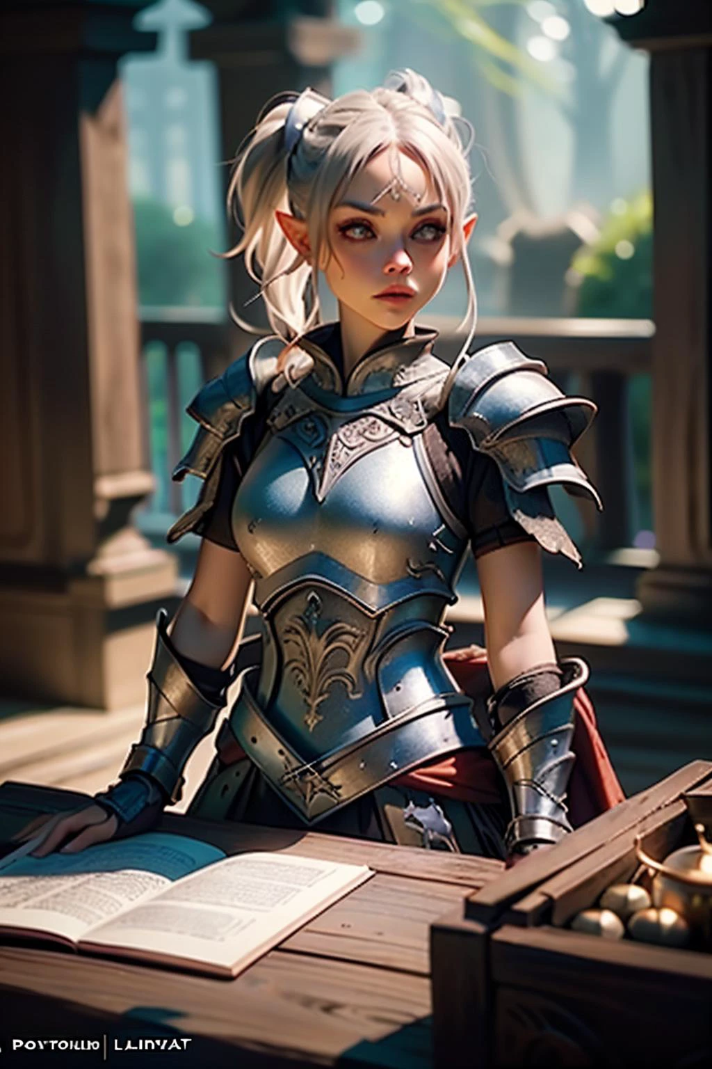 <lora:RPGGnome:1> rpggnome:1.2 pointy ears, 1girl side ponytail in Latte Blonde with Black eyes eyes and Flat eyebrows , defender <lora:RPGDefender:0.7> wearing intircate stell armor holding Battleaxe background portrait , Crystal-clear lake reflecting a majestic floating palace in background, realistic:1.2, masterpeice, ultradetailed, intricate details, perfect quality, ultrashapr, ultradetailed, photorealistic, perfect shadows, profesional lights, realistic, blurry, boekh, masterpiece light works,depth of fiel, ultradetailed character, pefect quality, maximum quality, intricate details, detailed face By jeremy mann, by sandra chevrier, by maciej kuciara, sharp, (perfect, body:1.1), realistic, real shadow, 3d, (dark castle background:1.2), (by Michelangelo), (profesional lights:1.3) (profesional photography:1.3), full body shoot, concept art of medieval rpg character