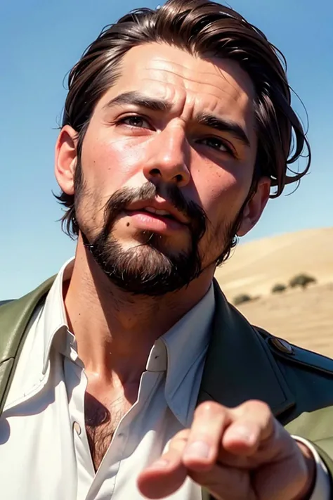 an awarded profesional photography of (1man:1.3) angel with coral eyes with male comb over hairstyle and ducktail beard in brown color, dressed as Thief in heat, outstretched hand in WWII, North African Desert, sandy landscapes, period-specific tanks, military encampments, desert attire ,(epic scene:1.3),ultradetialed character with perfect face,detailed skin,(ultrasharp:1.3),(masterpiece:1.1),best quality,(photorealistic:1.2),ultrarealistic,realistic ultradetailed character,4k perfect quality, <lyco:GoodHands-beta2:1> by Bob Orsillo Butterfly Lighting camera angle from below and cowboy shot Magnificent,Imperceptible detail,Intricately designed, (perfect quality face:1.5) hyper-detailed complex, insanely detailed, detailed clothes, detailed skin, detailed body, , 1man, realistic lights, realistic shadows, profesional photo