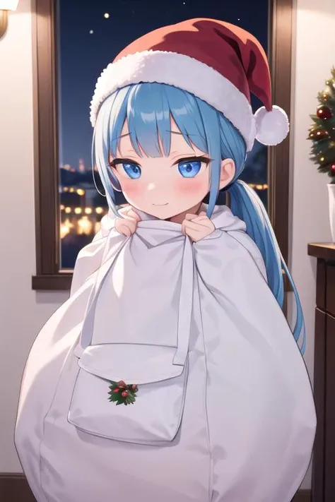 masterpiece,best qualitiy,high detail,girl,petite,ponytail,indoor,christmas,blush,,window,nighttime,(a girl,naked bag),Christmas wreath <lora:present bag-001_0.7:0.8>,spoken heart,looking up viewer, <lora:sensualface_type1:0.8>,evil smile,from above