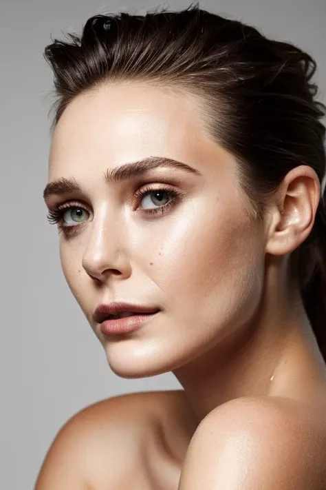 ols, closeup portrait of young woman, topless, slick hair, oiled skin, grey background, dutch angle, tilted angle, tilted composition,
<lora:CR-ElizabethOlsen-frankyfrank2k:1.0>