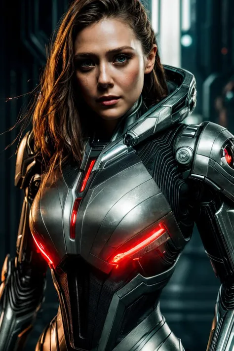 ssm, ((best quality)), ((masterpiece)), (detailed), Midjourney Style, close-up, woman, robot, red eyes, concept art, inspired by Marek Okon, digital art, Crysis Nanosuit, futuristic, (glowing elements:1.1), 4:3 aspect ratio, dynamic duo,<lyco:ShannynSossamon-RealVision-V1.0:1.0>