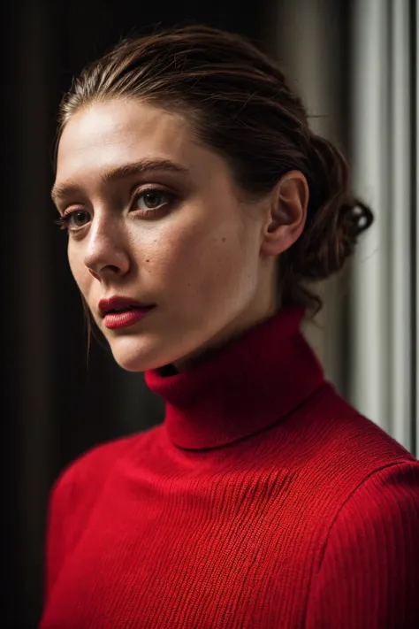 A stunning intricate full color portrait of ols, wearing a scarlet red turtleneck, epic character composition, by ilya kuvshinov, alessio albi, nina masic, sharp focus, natural lighting, subsurface scattering, f2, 35mm, <lyco:Olsen-RealVision-V1.0:1.0>