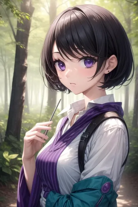 masterpiece, best quality, illustration, 1girl, solo, looking at viewer, upper body, depth of field, <lora:miou_suguri:0.76>, miou_suguri, black hair, purple eyes, forest fairy costume, soft science fiction, 8k resolution