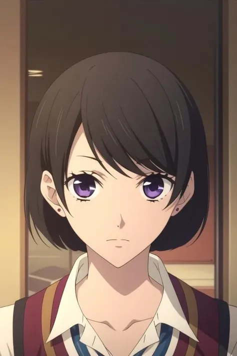 masterpiece, best quality, photorealistic, 1girl, solo, looking at viewer, , , <lora:miou_suguri:0.76>, miou_suguri, black hair, purple eyes