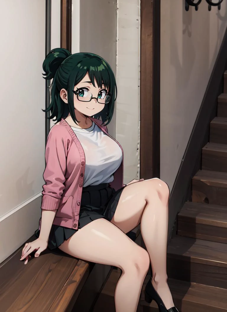 ((best quality)), ((highly detailed)), masterpiece, absurdres, (detailed eyes, deep eyes), (1girl), (glasses), close-up, sittingdown, with legs crossed, <lora:Midoriya Inko:.55>, midoriya inko, green hair, short hair, short ponytail, green eyes, large breasts, curvy, plump, smile, shirt, jacket, skirt, arpon, (indoors, on a stairway), <lora:fictional-cosmetics:1>, photo background
