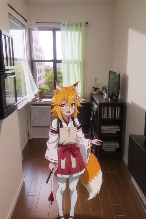 absurdres, highres, ultra detailed, <lora:SewayakiKitsune_Senko:0.8>, 1girl, KitsuneSenko, orange hair, orange eyes, medium hair, fox ears, fox tail, SenkoMiko, miko, brown apron, red hakama, white pantyhose, :d, looking at viewer, indoors, living room, photo background, <lora:fictional-cosmetics:0.8>