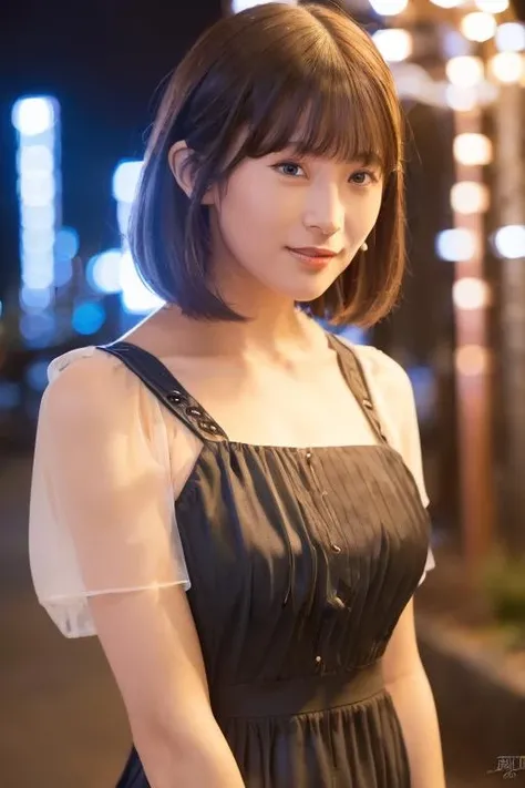 1girl, (wearing an evening dress:1.8),(RAW photo, best quality), (realistic, photo-realistic:1.4), masterpiece, an extremely delicate and beautiful, extremely detailed, 2k wallpaper, Amazing, finely detail, extremely detailed CG unity 8k wallpaper, ultra-detailed, highres, soft light, beautiful detailed girl, extremely detailed eyes and face, beautiful detailed nose, beautiful detailed eyes,cinematic lighting,(in the city at night:2.0),(night city view:1.6),perfect anatomy,(slender body:2.0),(laughing:1.4),(close up:1.8),(open eyes:1.8),(look at viewer),(front view:1.0),(japanese young girl:1.2),cinematic angle,(wavy short  hair:1.6), (brown eyes:1.8),(standing:2.0), <lora:tachibanaazusa_lora-01:0.8>