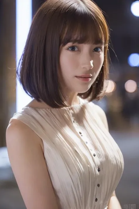 1girl, (wearing an evening dress:1.8),(RAW photo, best quality), (realistic, photo-realistic:1.4), masterpiece, an extremely delicate and beautiful, extremely detailed, 2k wallpaper, Amazing, finely detail, extremely detailed CG unity 8k wallpaper, ultra-detailed, highres, soft light, beautiful detailed girl, extremely detailed eyes and face, beautiful detailed nose, beautiful detailed eyes,cinematic lighting,(in the city at night:2.0),(night city view:1.6),perfect anatomy,(slender body:2.0),(laughing:1.4),(close up:1.8),(open eyes:1.8),(look at viewer),(front view:1.0),(japanese young girl:1.2),cinematic angle,(wavy short hair:1.6), (brown eyes:1.8),(standing:2.0), <lora:tachibanaazusa_lora-01:0.8>