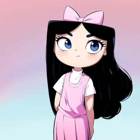 1girl, solo,  black eyes, black hair, blue eyes, hair bow, isabella garcia, long hair, white shirt, pink dress, child, <lora:Isabella_Garcia-Shapiro_Leaf2:0.8>, cowboy shot, gradient background,