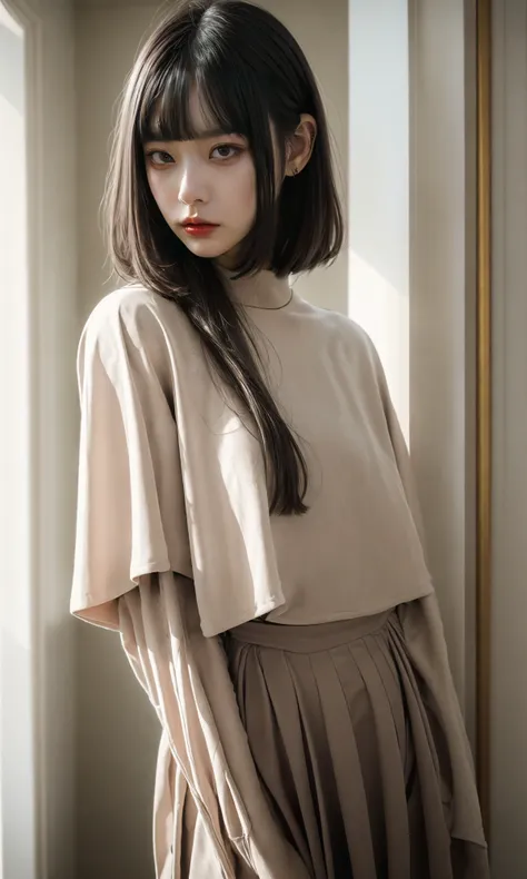 masterpiece, best quality, 32k, insane details, intricate details,
1girl, fashion photography, in style of angura keihime - cut, straight hairin a minimalist Misasakan roomhigh-wistskirtcllaredshirt(short hair:1.4)stripedblunt bangs
sideways glance, (cold attitude,eyeshadow,eyeliner:1.1),(red lips:1.5), (Mole under eye:1.0),hand in pocketflower
<lora:~Q?-QlN;Rhime cut:0.8>
