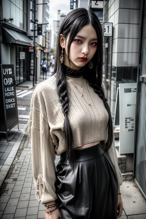 (realistic:1.3), finely detailed, quality, rembrandt lighting, (masterpiece:1.2), (photorealistic:1.2), (best quality), (detailed skin:1.3), (intricate details), dramatic, ray tracing, 1girl, japanese girl, 21 years old, detailed skin texture, (blush:0.5), (goosebumps:0.5), subsurface scattering, medium breasts, (braided hair:1.2), casual clothes, facing viewer, cowboy shot, (bright sunny day, tokyo street, sky), <lora:hime cut_20230820175457:0.8>