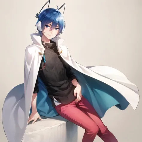 1boy, solo, looking at viewer, solo focus, full body, smile, ((simple background)), gradient background, Kazuyadesu, headphones, ribbed sweater, red pants <lora:KazuyadesuTest:1>, (white cape)