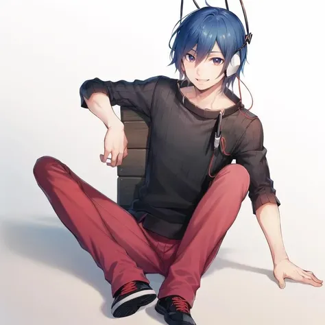 1boy, solo, looking at viewer, solo focus, full body, smile, ((simple background)), gradient background, Kazuyadesu, headphones, ribbed sweater, red pants <lora:KazuyadesuTest:1>, sitting,