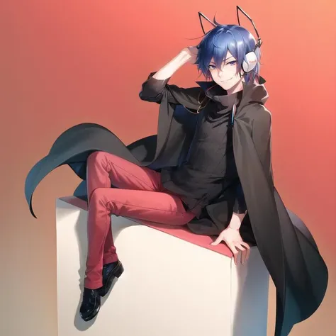1boy, solo, looking at viewer, solo focus, full body, smirk, ((simple background)), gradient background, Kazuyadesu, headphones, ribbed sweater, red pants <lora:KazuyadesuTest:1>, black cape