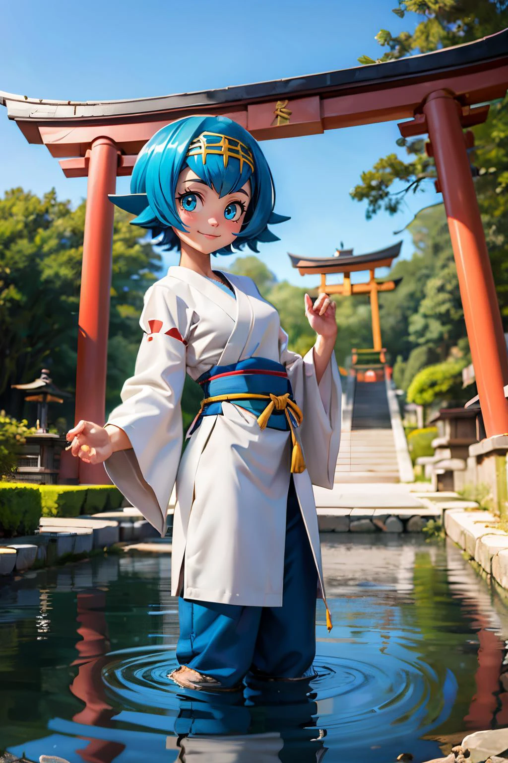 pkmnlana, blue eyes,short blue hair, bangs, yellow hairband, traditional miko, sash, long sleeves, looking at viewer, serious, smiling, standing, outside, pond, garden, red torii, shrine, blue sky, high quality, masterpiece, <lora:PKMN_Lana_v1:.8>