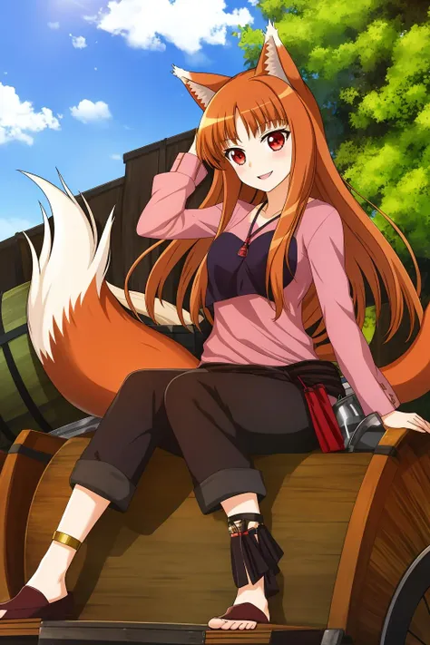 1girl, solo, standing, holo \(spice and wolf\), wolf girl, wolf tail, wolf ears, wheat field, detailed background, evening 1girl, bangs, tight shoulders, body, 15 year old girl, blushing, Boots, breasts, cleavage, sweetheart neckline,
closed mouth, Eyebrows visible in the hair, Very small breasts, long hair , Looking at viewer, smiling, tense, Standing, dolphin shorts, front viewer showing breasts, Ultra HD |, 4k image,