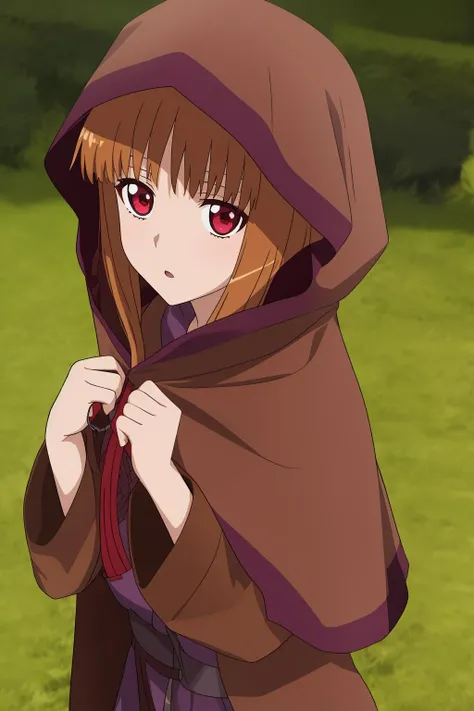 holo, 1girl, solo, long_hair, looking_at_viewer, short_hair, open_mouth, bangs, simple_background, brown_hair, shirt, red_eyes, white_background, upper_body, outdoors, parted_lips, day, shiny, hood, cape, blurry, :o, hands_up, depth_of_field, blurry_background, from_above, parody, wolf_ears, grass, portrait, cloak, close-up, hood_up, purple_shirt, wolf_girl, brown_shirt, hooded_cloak, flat_color, anime_coloring, brown_cape, brown_cloak