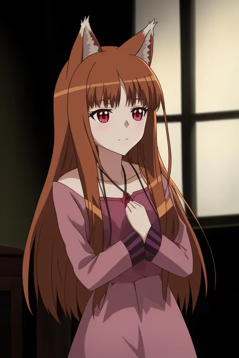 holo, 1girl, solo, long_hair, bangs, simple_background, brown_hair, shirt, red_eyes, long_sleeves, dress, animal_ears, closed_mouth, upper_body, indoors, window, parody, wolf_ears, hand_on_own_chest, black_background, pink_shirt, purple_shirt, wolf_girl, dark