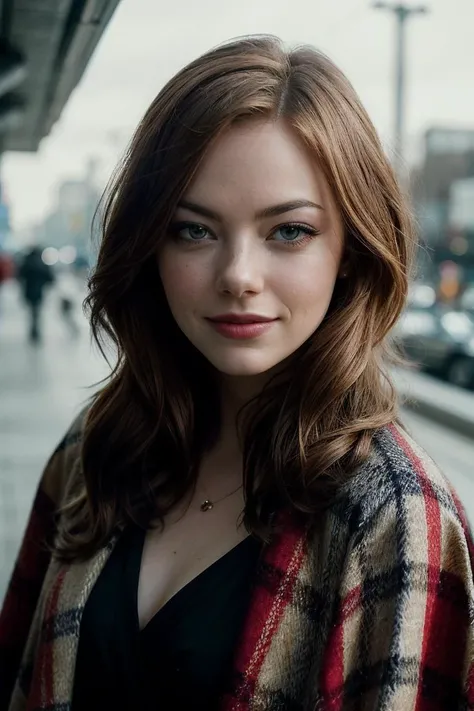 photo of gorgeous (emst0ne-135:0.99), a beautiful woman, (smiling), perfect hair blowing in the wind, (award winning modern photography), (Lightsaber Red Oversized cape coat in a checkered pattern for a sophisticated and trendy style:1.1), closeup portrait, 85mm, (analog, cinematic, film grain:1.3), (Futuristic dystopian city viewpoint showcasing underground rebel biohazard research labs:1.2), detailed eyes, (epiCPhoto), jewelry, eyeliner, (looking at viewer:1.2), (cinematic shot:1.3), ((sfw))