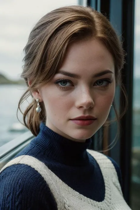 photo of gorgeous (emst0ne-135:0.99), a beautiful woman, (serious), perfect hair upsweep updo, (award winning modern photography), (Cortana Blue Fair Isle knit sweater dress:1.1), closeup portrait, 85mm, (analog, cinematic, film grain:1.3), (A modern floating marine conservation exhibition, educating the public about marine biodiversity and conservation efforts:1.2), detailed eyes, (epiCPhoto), jewelry, eyeliner, (looking at viewer:1.2), (cinematic shot:1.3), ((sfw))