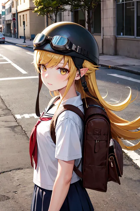 masterpiece, best quality, highres, aashinobu, aged down, long hair, helmet, goggles on headwear, pointy ears, <lora:oshino_shinobu_v1:0.8>, school uniform, serafuku, street, standing, backpack,