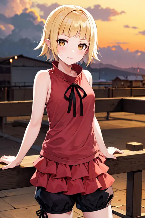 masterpiece, best quality, highres, bbshinobu, aged down, pointy ears, sleeveless shirt, bloomers, <lora:oshino_shinobu_v1:0.8>, factory, outdoors, cowboy shot, standing, cloudy sky,