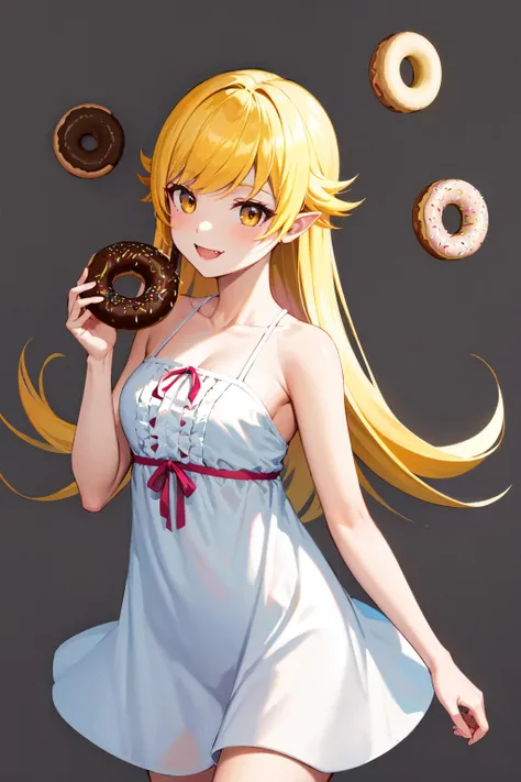 Highest image quality、detailed description、High quality、cute girl、shinobuYoung, masterpiece, highest quality, 1 girl, blonde hair, alone, delicate body、thin arms、close, smile, brush sticker, clavicle, pillow, (donut:1.2), stuffed toy, on the bed, closed mouth, tooth, (Chin rest:1.5), (white dress:1.1)