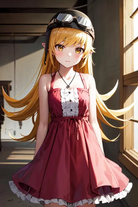 masterpiece, best quality, highres, aashinobu, aged down, long hair, helmet, goggles on headwear, pointy ears, pink dress, <lora:oshino_shinobu_v1:0.8>, expressionless, standing, cowboy shot, ruins, indoors,