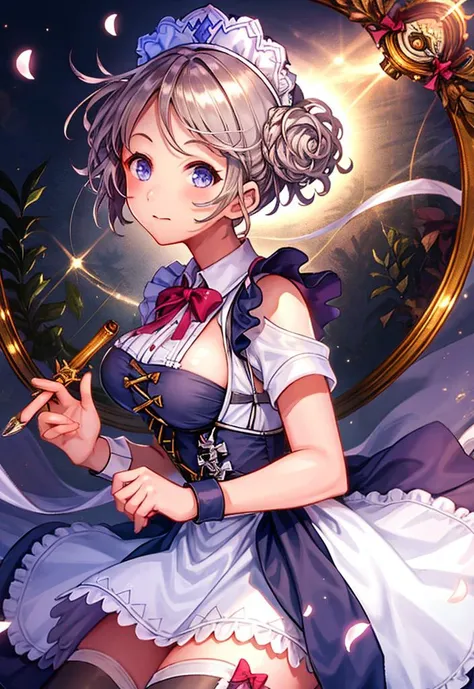 1girl, solo, petals, apron, short sleeves, maid headdress, bow, puffy short sleeves, dress, breasts, looking at viewer, maid, holding knife, medium breasts, closed mouth, hair bow, ribbon, white apron, maid apron, shirt, standing, simple background, neck ribbon, white shirt, expressionless, bowtie, medium hair, bowtie, cowboy shot
<lyco:LohaRunie-000005:0.7>,