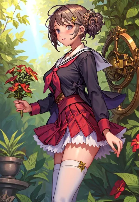 1girl, solo, standing, skirt, flower, school uniform, serafuku, hair ornament, shirt, neckerchief, sailor collar, long sleeves, black skirt, blush, hairclip, pleated skirt, red flower, red neckerchief, brown eyes, white shirt, black sailor collar, outdoors, standing, arm behind back, parted lips, hand up, collarbone, sunlight, holding flower, dappled sunlight, plant, blurry
<lyco:LohaRunie-000005:0.7>,