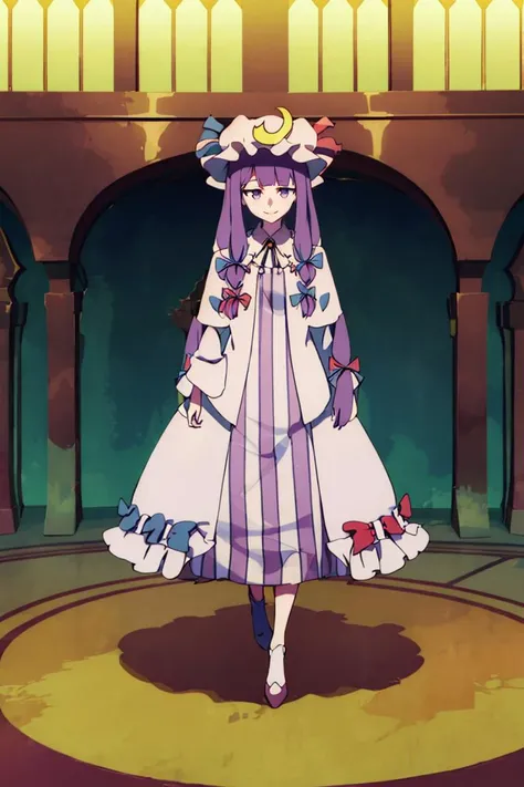 LWA <lora:lwa_offset:1.3>,
patchouli knowledge, 1girl, dress, (purple hair, purple eyes:1), long hair, mob cap, crescent hat ornament, ribbon, dress, <lora:patchouli:0.9>, smile,