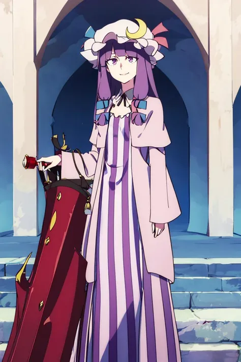 LWA <lora:lwa_offset:1.3>,
patchouli knowledge, 1girl, dress, (purple hair, purple eyes:1), long hair, mob cap, crescent hat ornament, ribbon, dress, <lora:patchouli:0.9>, smile,