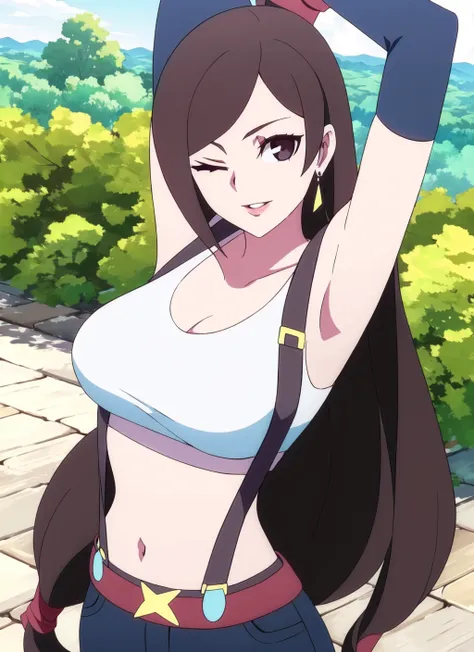 LWA <lora:lwa_offset:1.3>,  tifa lockhart, 1girl, thick lips, arm up, armpits, artist name, belt, black hair, breasts, brown eyes, cleavage, closed mouth, collarbone, cowboy shot, crop top, earrings, elbow gloves, elbow pads, gloves, jewelry, large breasts, lips, long hair, low-tied long hair, midriff, navel, one eye closed, outdoors, skirt, smile, solo, stomach, suspenders, tank top, upper body, ((masterpiece)) <lora:tifa_lockhart_offset:0.7>