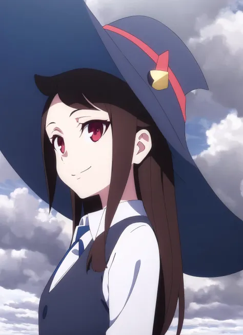 LWA <lora:lwa_offset:1.3>, masterpiece, best quality, 1girl, solo, hat, smile, brown hair, long hair, witch hat, anime coloring, red eyes, cloud, bangs, closed mouth, looking to the side, sky, shirt, witch, upper body, cloudy sky, white shirt, collared shirt