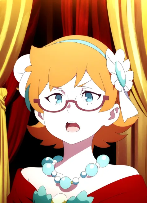 LWA <lora:lwa_offset:1.5>, masterpiece, best quality, 1girl, glasses, solo, parody, short hair, open mouth, hair ornament, blue eyes, necklace, semi-rimless eyewear, orange hair, curtains, style parody, under-rim eyewear, jewelry, anime coloring