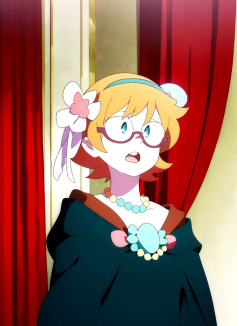 LWA <lora:lwa_offset:1.7>, masterpiece, best quality, 1girl, glasses, solo, parody, short hair, open mouth, hair ornament, blue eyes, necklace, semi-rimless eyewear, orange hair, curtains, style parody, under-rim eyewear, jewelry, anime coloring