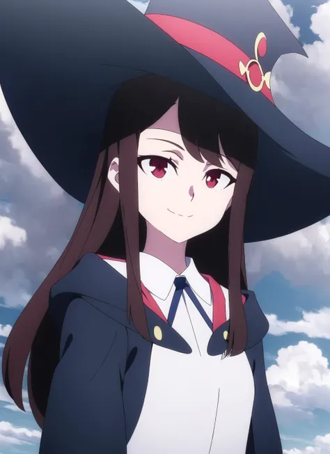 LWA <lora:lwa_offset:1.3>, masterpiece, best quality, 1girl, solo, hat, smile, brown hair, long hair, witch hat, anime coloring, red eyes, cloud, bangs, closed mouth, looking to the side, sky, shirt, witch, upper body, cloudy sky, white shirt, collared shirt