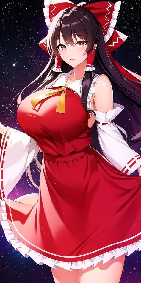 <lora:ReimuV3:0.7> hakureireimu, huge_breasts, standing, solo, sundress, starry_sky,, masterpiece, best quality, detailed face, detailed eyes, highres,