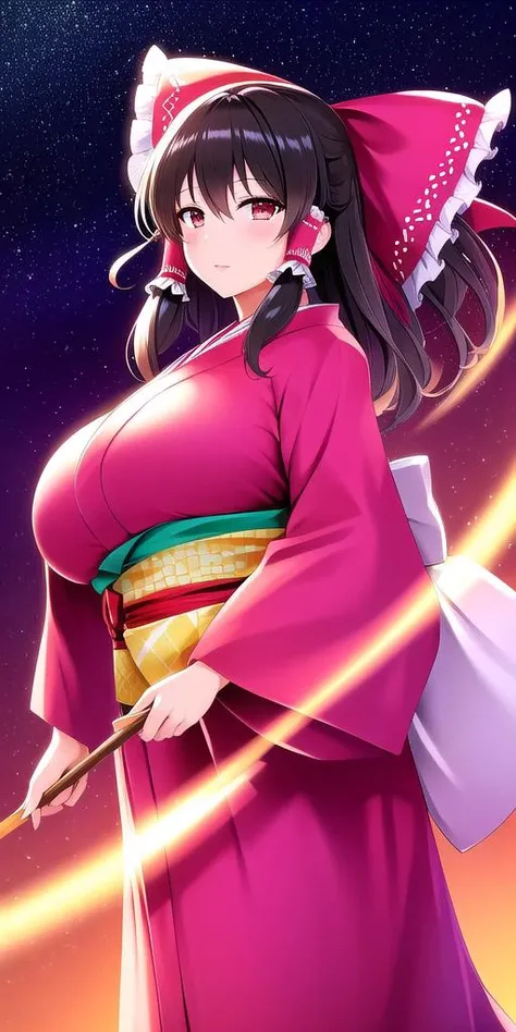 <lora:ReimuV1:0.7> hakureireimu, huge_breasts, standing, solo, kimono, starry_sky,, masterpiece, best quality, detailed face, detailed eyes, highres,