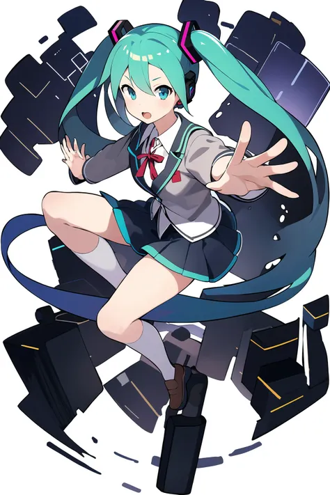 masterpiece, best quality, 1girl, solo, dynamic pose, full body, hatsune miku, school uniform, 
<lora:worldflipperstyleV3:1>, full body, simple background,