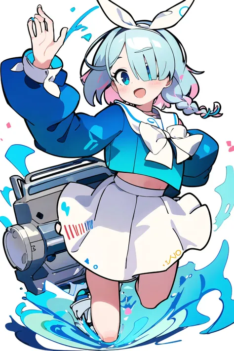 masterpiece, best quality, 1girl, mechanical halo, solo, short hair, single braid, school uniform, blue shirt, long sleeves, white bowtie, white choker, white hairband, white sailor collar, white skirt, long skirt smile, blush, looking at viewer, midriff, <lora:aronaBlueArchive_v1:1>, open mouth,
<lora:worldflipperstyleV3:1>, simple background, dynamic pose, full body