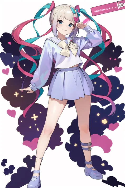 masterpiece, best quality, 1girl, school uniform, kangel, smile, standing, contrapposto, <lora:kangelNeedyGirl_v10:1>,
<lora:worldflipperstyleV3:1>, full body, simple background, dynamic pose,