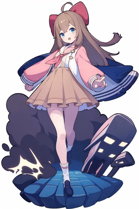 masterpiece, best quality, 1girl, solo, <lora:jiaran:1>, jiaran, (official dress:1.5), blue eyes, brown hair, pink hair bow, jacket, neckerchief, long hair, brown skirt, white socks, simple background, full body, <lora:worldflipperstyleV3:1>, dynamic pose