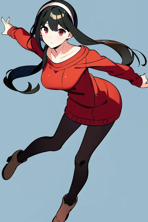 masterpiece, best quality, 1girl, solo, spy x family,yor briar,1girl,black hair,black pantyhose,breasts,brown footwear,closed mouth,collarbone,hairband,long sleeves,medium breasts,off-shoulder sweater,off shoulder,pantyhose,red eyes,red sweater,short hair with long locks,solo,sweater dress,white hairband, <lora:yorBriarSpyFamily_lykonV1:0.6>,
<lora:worldflipperstyleV3:1>, simple background, dynamic pose, full body
