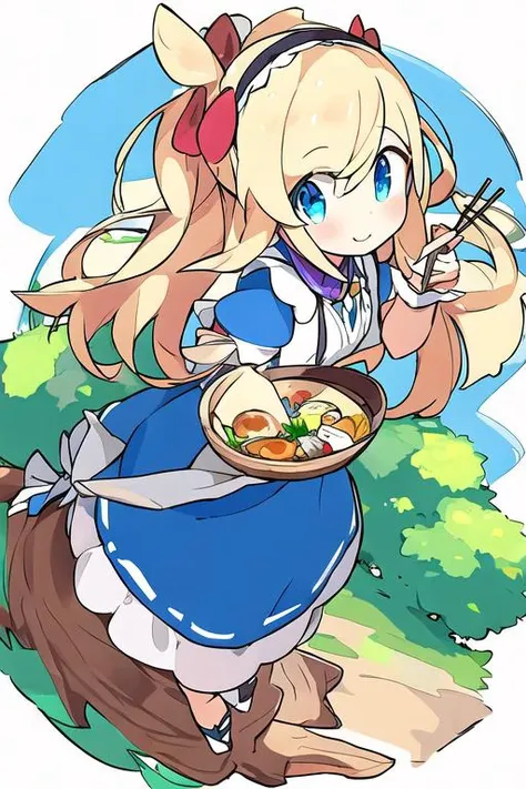 1girl, solo, long hair, blonde hair, smile, tree, hair ornament, food, blush, looking at viewer, sitting, blue eyes, dress, blue dress, short sleeves, apron, puffy short sleeves, bow, puffy sleeves, hairband, chopsticks, purple eyes, incoming food, feeding, holding, against tree, ribbon, outdoors, sketch, <lora:worldflipperstyleV3:1>, dynamic pose, (simple background), full body