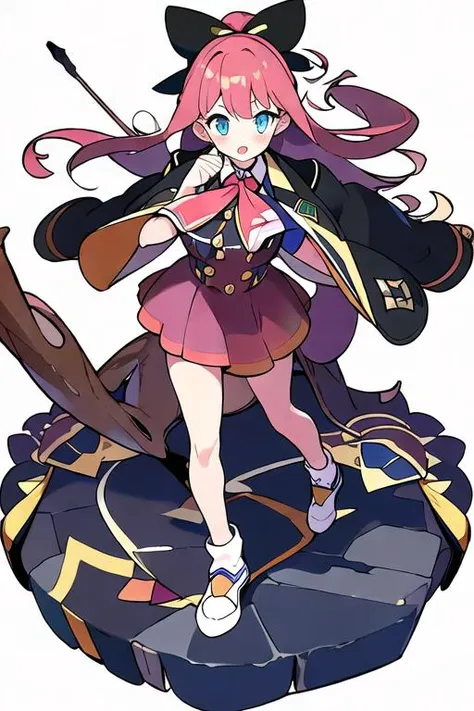 masterpiece, best quality, 1girl, solo, <lora:jiaran:1>, jiaran, (official dress:1.5), blue eyes, brown hair, pink hair bow, jacket, neckerchief, long hair, brown skirt, white socks, simple background, full body, <lora:worldflipperstyleV3:1>, dynamic pose