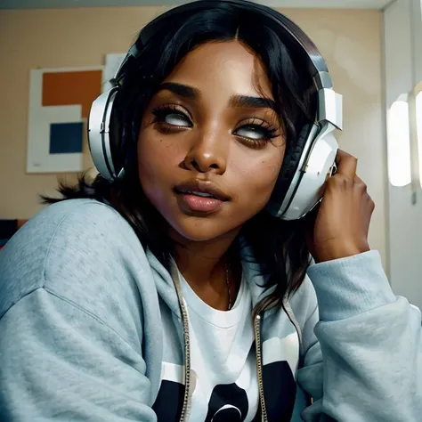 RAW photo, candid, close-up shot, PriBlle, sitting, crew neck sweatshirt, shorts, shirome, headphones, parted lips, mind control <lora:XenoDetailer_v2:0.3> <lora:shirome:1> <lora:PriBlle:0.8>