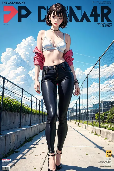full body,((masterpiece, best quality,photorealistic,)),(magazine:1.3),(cover-style:1.3), long pants, lacebra, navel, jacket, bare shoulder, ,vibrant,front,colorful,dynamic,scene,text,cover,attention-grabbing,title,stylish,font,catchy,headline,a girl, standing, blush, heels, solo,outdoors,day,bangs,fence,rooftop,blue sky,chain-link fence, cloudy sky